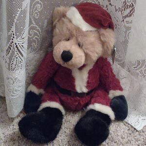 New Russ Teddy Bear in Red Black White Santa Suit hat not removable 15 in tall‎